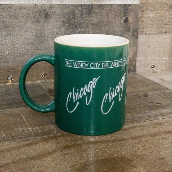 VINTAGE CHICAGO THE WINDY CITY COFFEE MUG RETRO DINER CUP CERAMIC GREEN - Picture 3 of 6